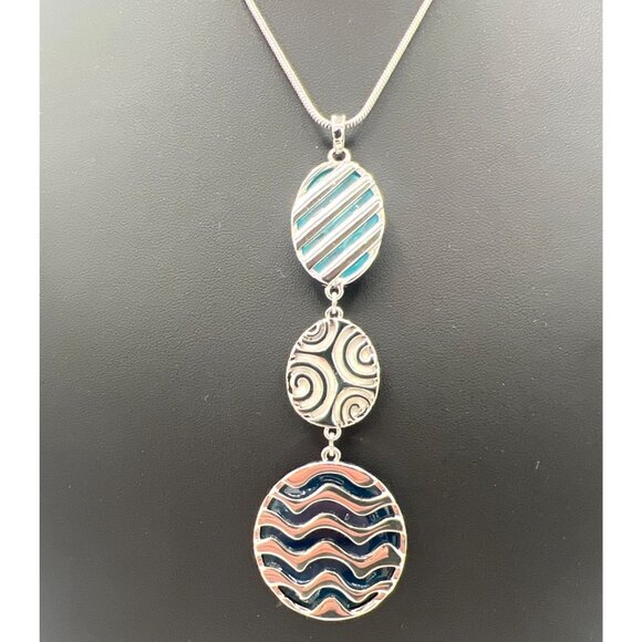 4" Pendant Necklace Teal Lavender Blue Reversible Disc 36" Pull Chain Geometric - Picture 2 of 6